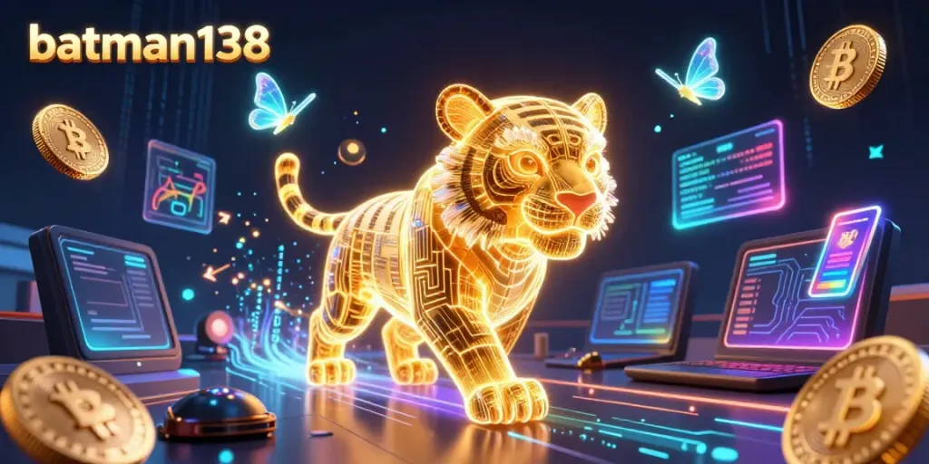 Engage with batman138 in a digital casino filled with vibrant crypto elements and a glowing tiger.