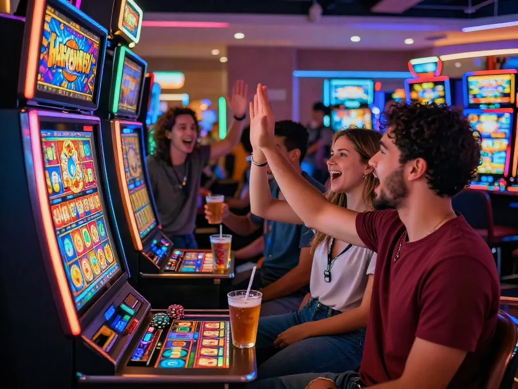 Excited players celebrating a jackpot win at a colorful สล็อต machine on a vibrant casino floor.