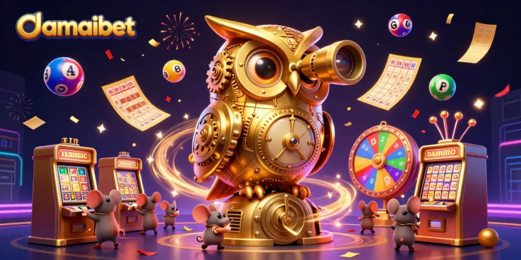 Damaibet showcases a vibrant 3D casino scene with a golden owl and whimsical mice amidst a celebration of lottery elements.