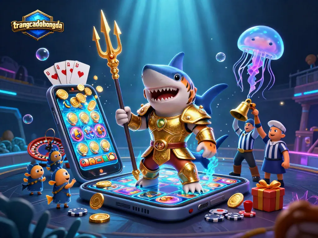 Engage in the thrilling world of trangcadobongda where a shark gladiator battles amidst vibrant casino elements.