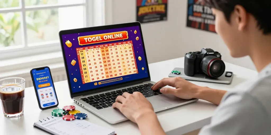 Menampilkan pengguna memeriksa togel online dengan grafik warna-warni, suasana ceria di kantor rumahan.