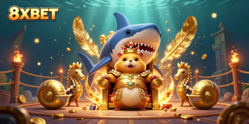 Engage with 8XBET featuring a fierce golden hamster king amidst a vibrant underwater casino scene.
