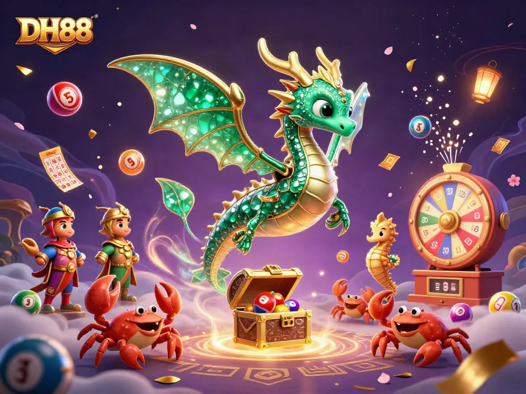 The DH88 sea dragon swimming amidst colorful casino lottery balls, creating magical gaming excitement.