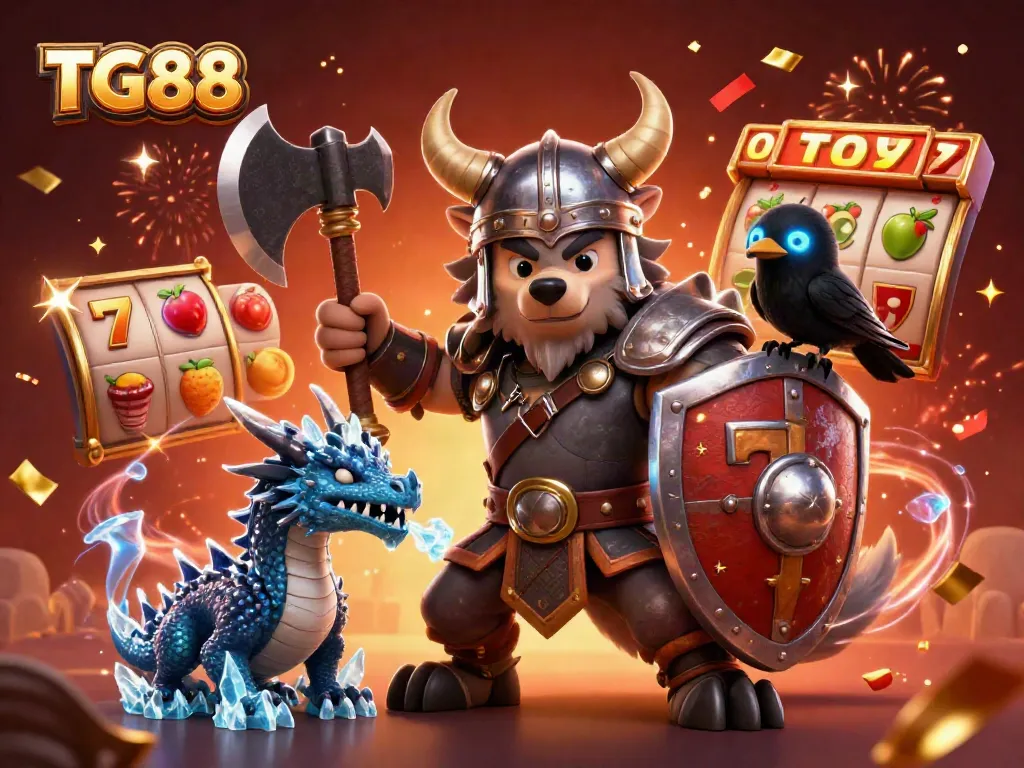 Experience TG88's thrilling gaming offerings with this vibrant illustration of slot machines, a Viking warrior, a dragon, and a raven.