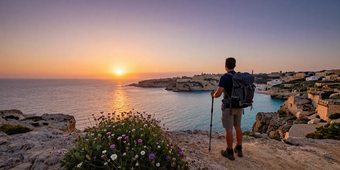 Stunning sunset view of Gozo during a malta gozo tour, with a traveler capturing the scenic landscape from a cliff edge above the Mediterranean Sea.
