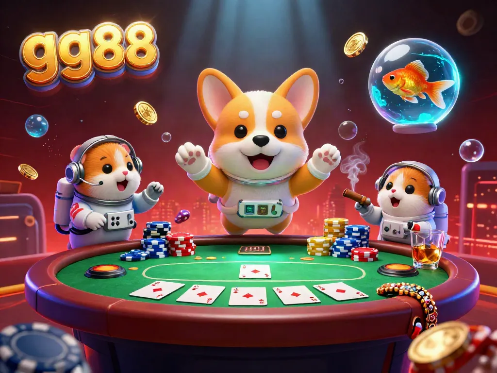Experience the excitement of gg88 in a space-themed casino scene with floating poker chips and a cartoon corgi.