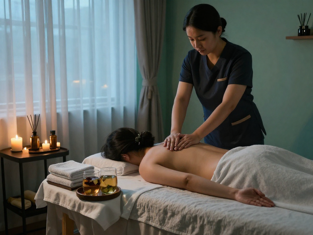 Relaxing 마포출장안마 experience with a professional therapist in a soothing urban spa setting.