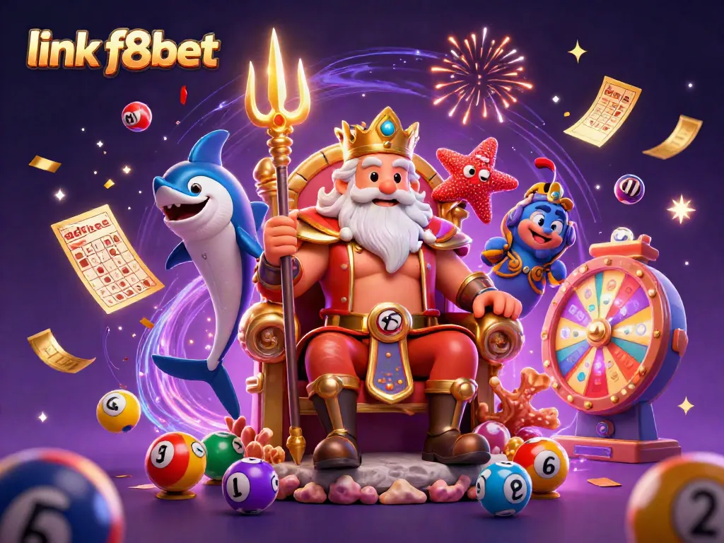 Engage with link f8bet as Neptune rules over a vibrant casino scene filled with lottery and gaming elements.