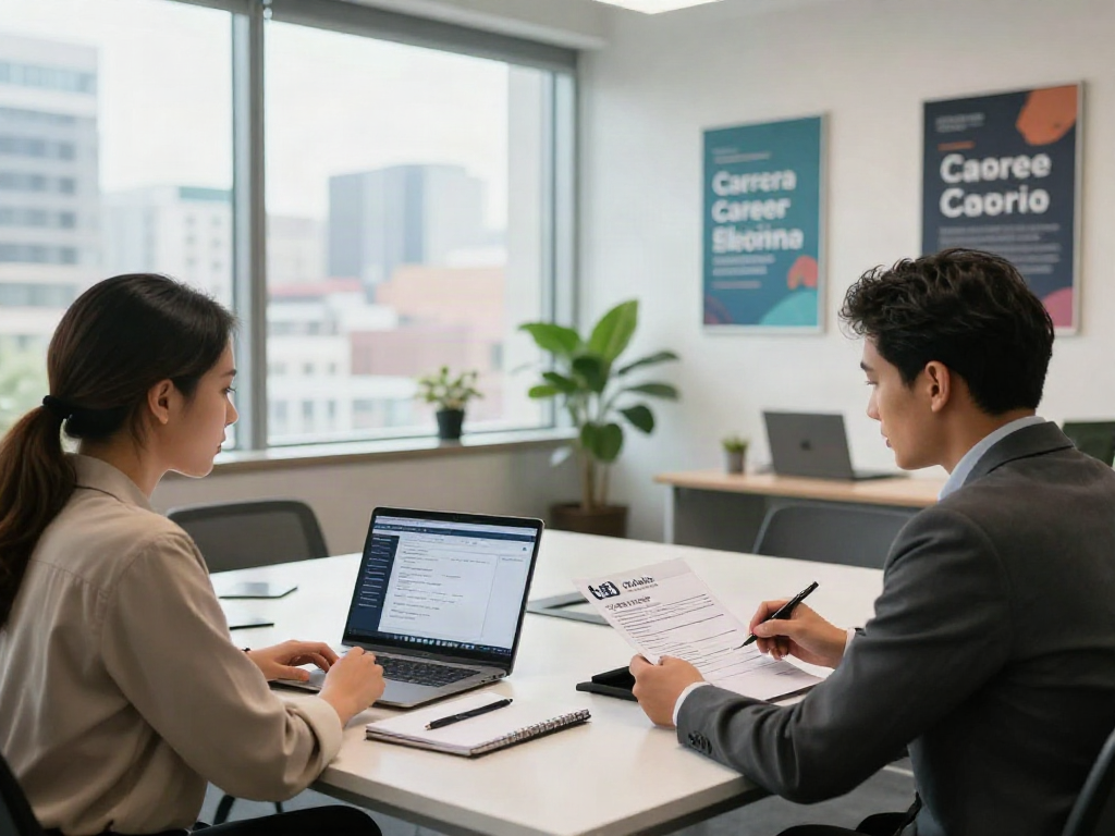 Engaging interview scene for หางาน in a modern office space.