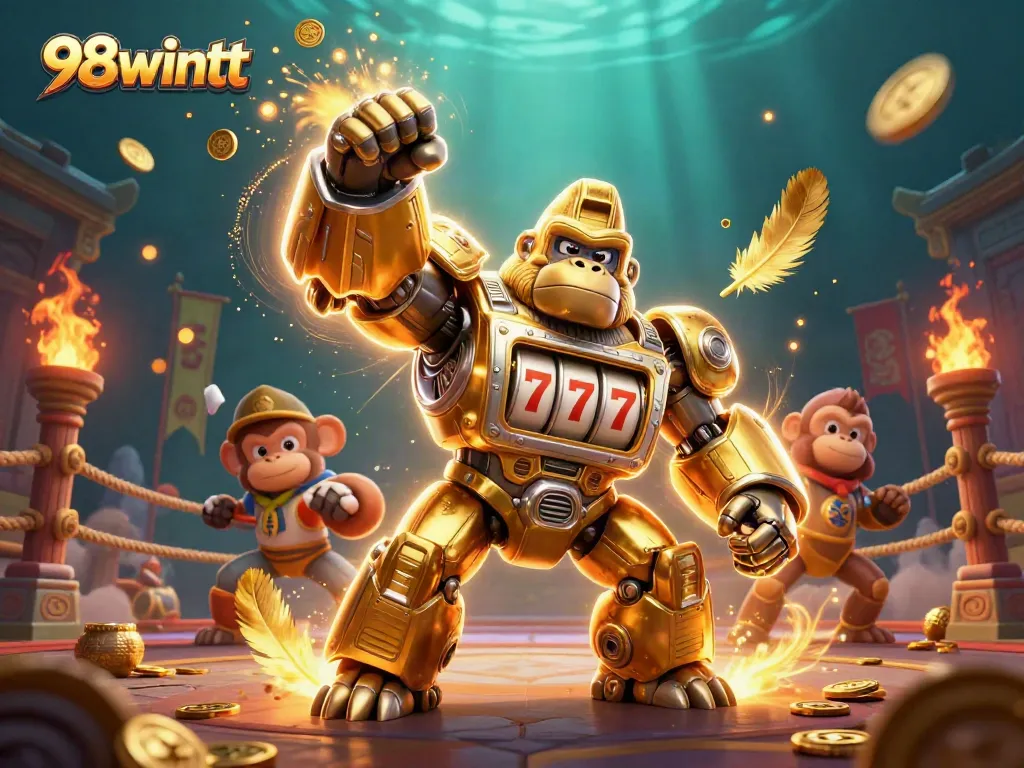 Spin and win at 98wintt with the golden gorilla mech in a vibrant casino scene.
