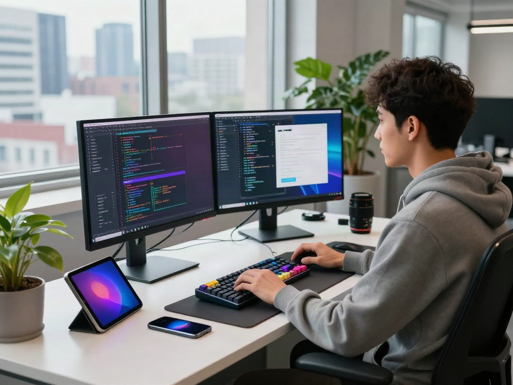 Pikashow software development in a modern workspace showcasing vibrant coding screens and tech gadgets.
