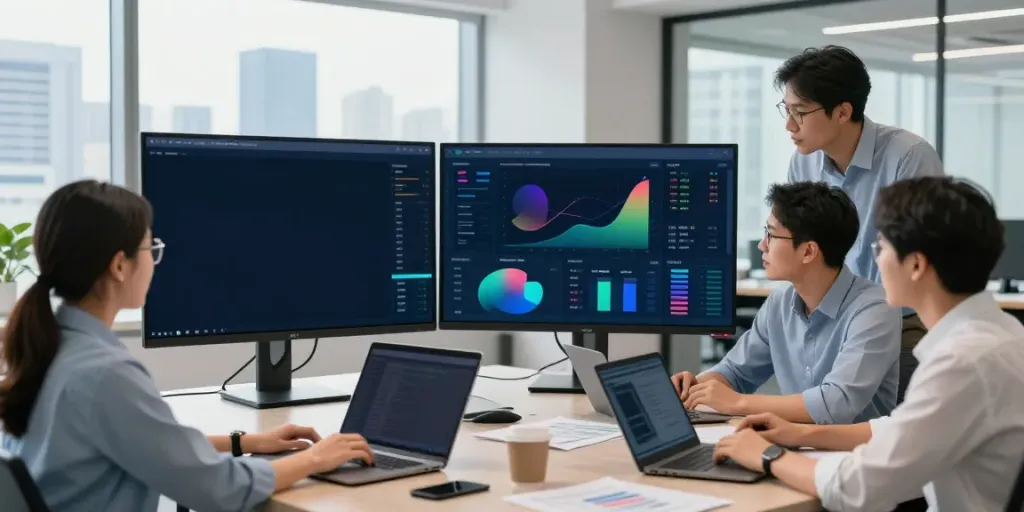 Team collaboration in a modern office discussing insurance technology news.