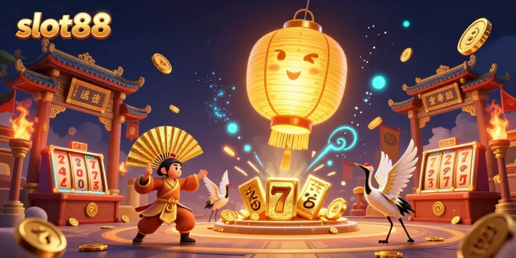 Experience slot88 thrills with vibrant 3D casino art featuring golden lanterns and dynamic game elements.
