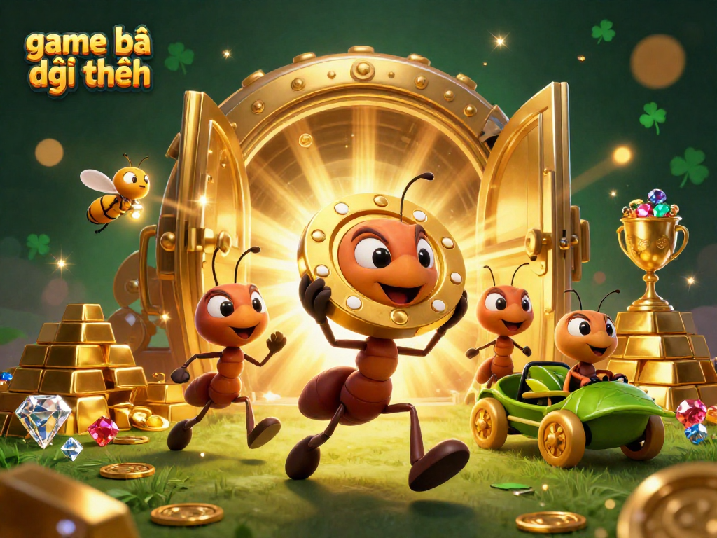 Experience a thrilling game bài đổi thưởng with ants stealing a poker chip in a vibrant casino heist scene.