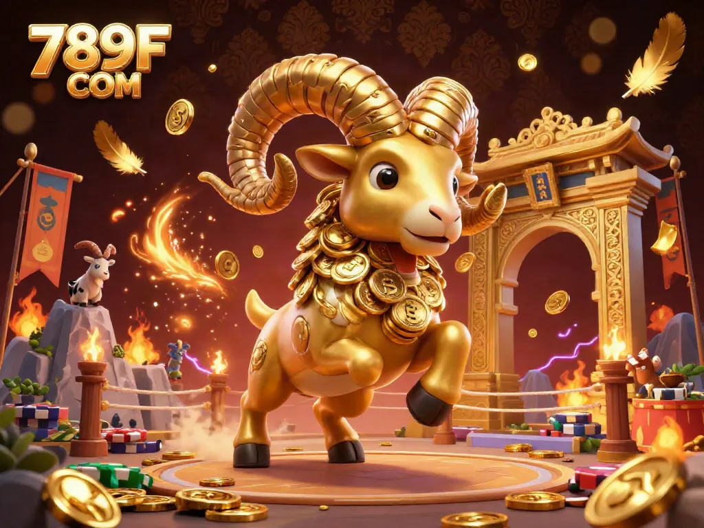 Experience the excitement of 789F COM with a dynamic 3D cartoon depiction of a golden ram amidst vibrant casino elements.