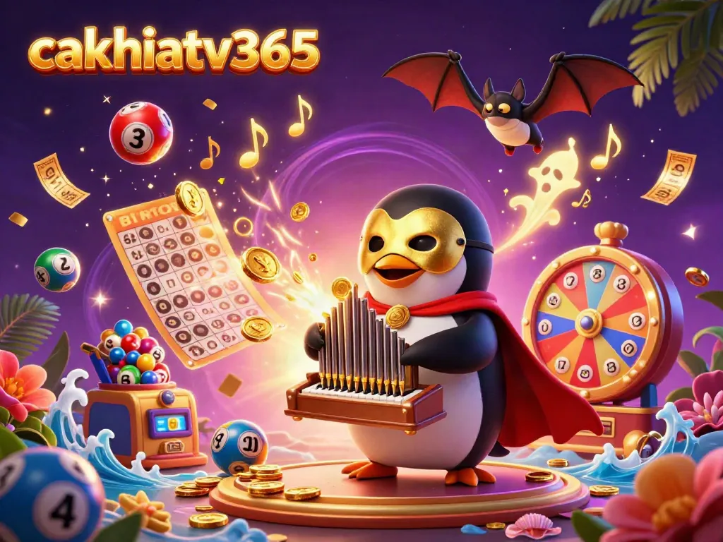 Experience exciting gameplay with cakhiatv365 as a penguin plays an organ shooting golden coins in a vibrant atmosphere.