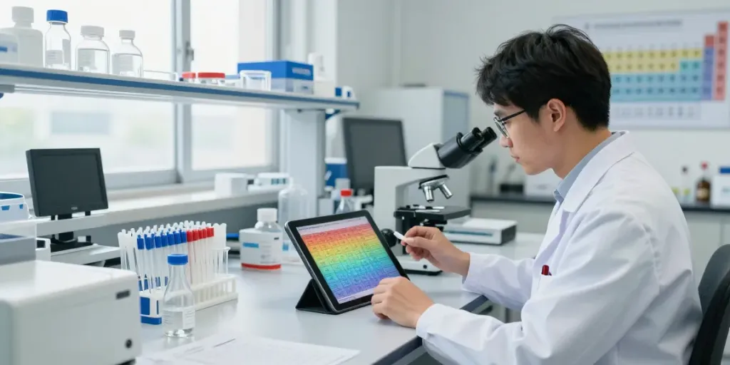 Scientist examining peptide price comparison in a bright research lab.
