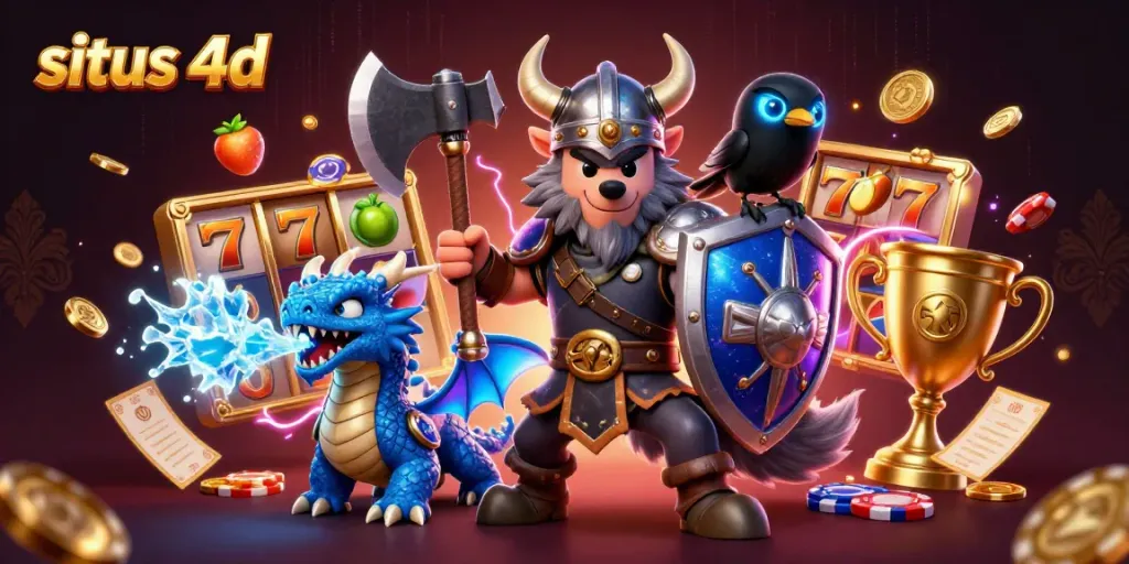 Experience exciting gameplay with situs 4d, showcasing a Viking wolf warrior and a fierce dragon amidst vibrant casino elements.