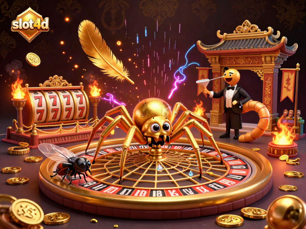 Engage with slot4d through a vibrant illustration capturing the thrill of spinning gold reels and roulette wheels.