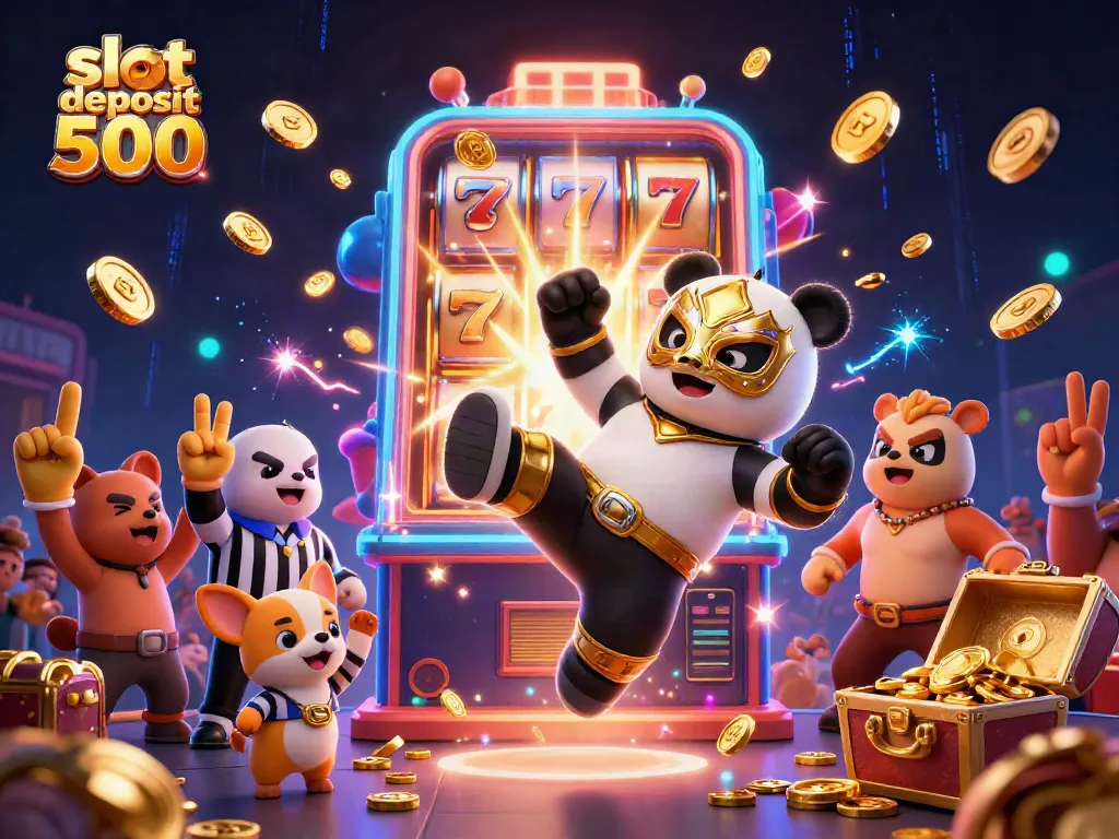 Engage in thrilling action with slot deposit 500 as a powerful panda wrestler kicks under jackpot slot excitement.