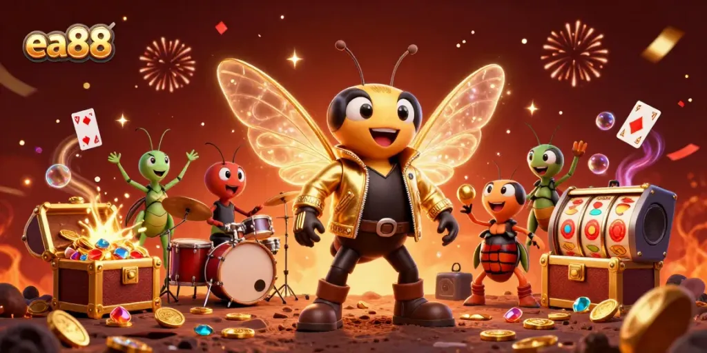 Experience the thrill of ea88 gaming with vibrant 3D characters celebrating amidst casino treasures.