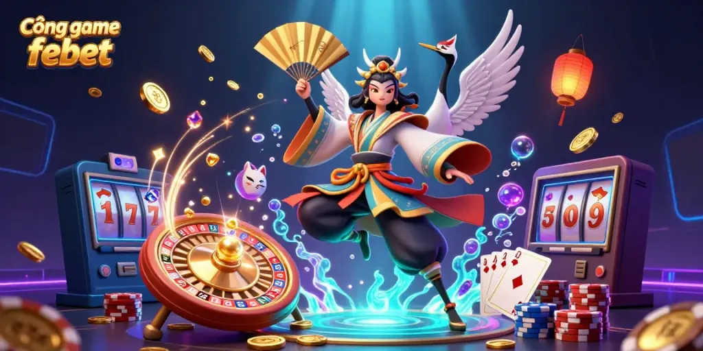 Experience thrills at Cổng game febet with an exciting 3D casino illustration featuring vibrant characters and dynamic gaming elements.