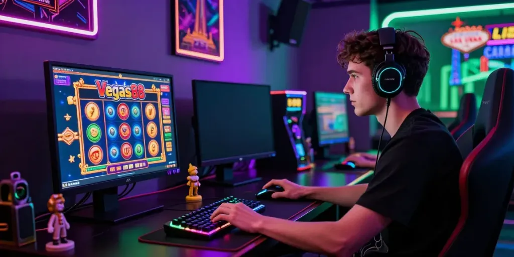 Engaging scene of a gamer enjoying the Vegas88 online casino slot game in a vibrant, neon-lit room.