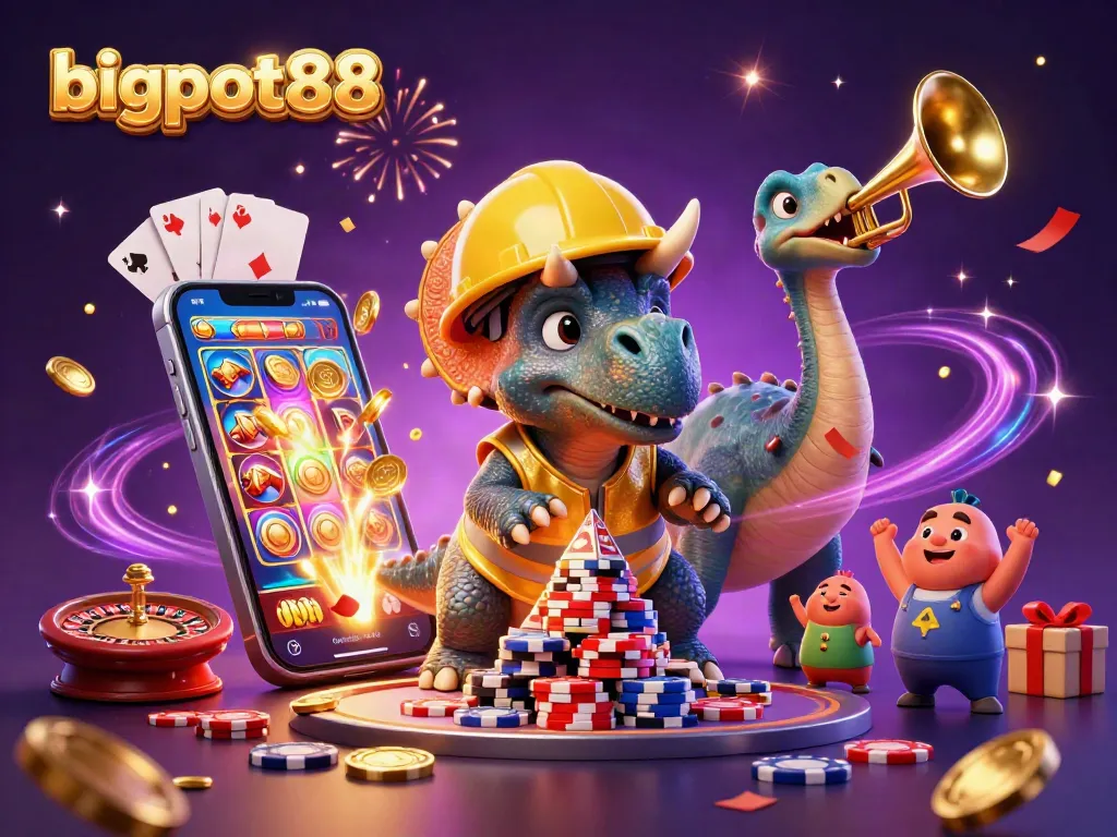 Merayakan permainan di bigpot88 dengan triceratops yang membangun tumpukan chip poker dan dinosaurus lainnya