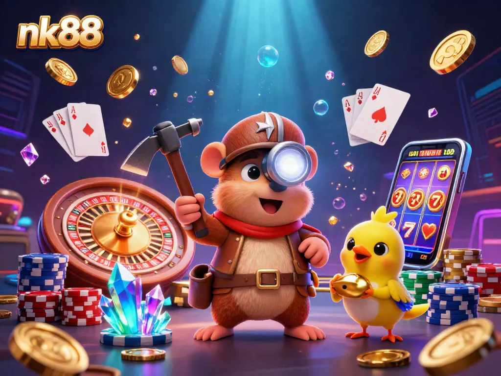 Experience thrilling gaming with nk88 as a treasure hunter mole gathers riches in a vibrant casino.