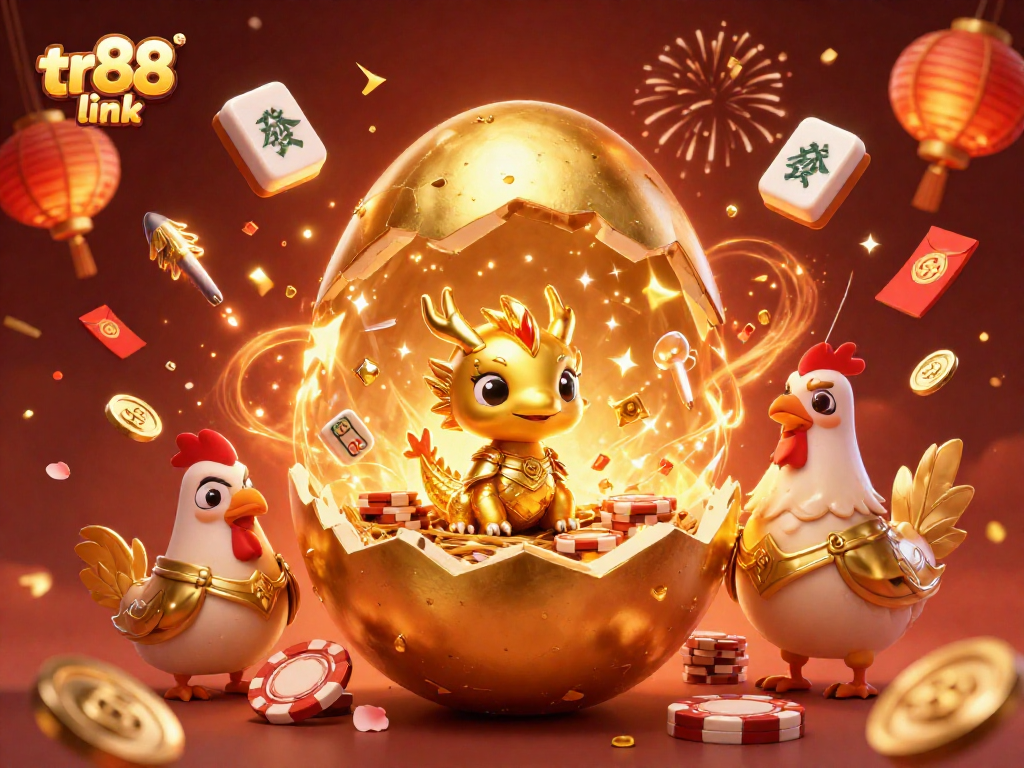 Engaging tr88 link illustration of a golden dragon and poker chips, celebrating online gambling.
