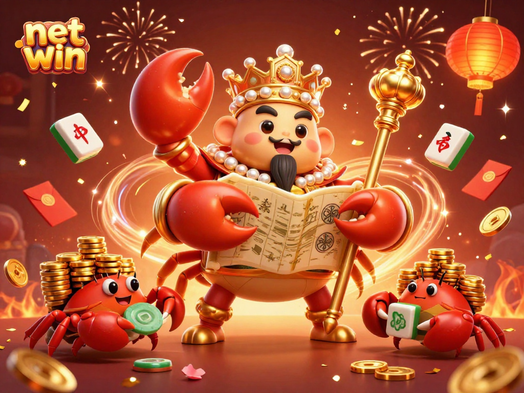 Enjoy the net win experience with a vibrant scene featuring a golden crab emperor amidst festive casino elements.