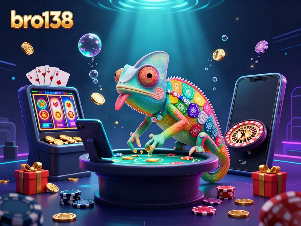 Experience thrilling gaming at bro138 with a vibrant scene of the chameleon casino owner amidst golden coins, roulette, and slots