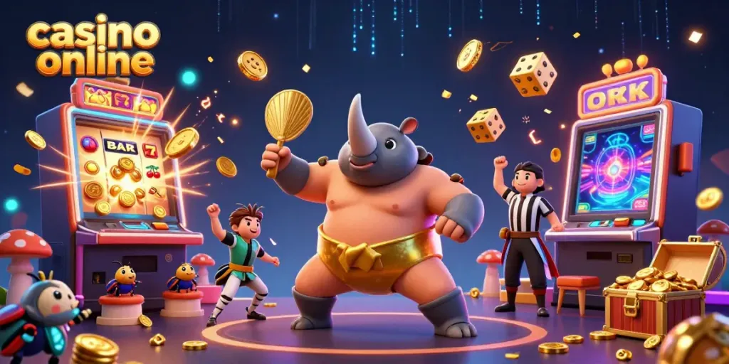 Watch a cartoon rhinoceros beetle sumo champion stomp in a vibrant casino online scene.