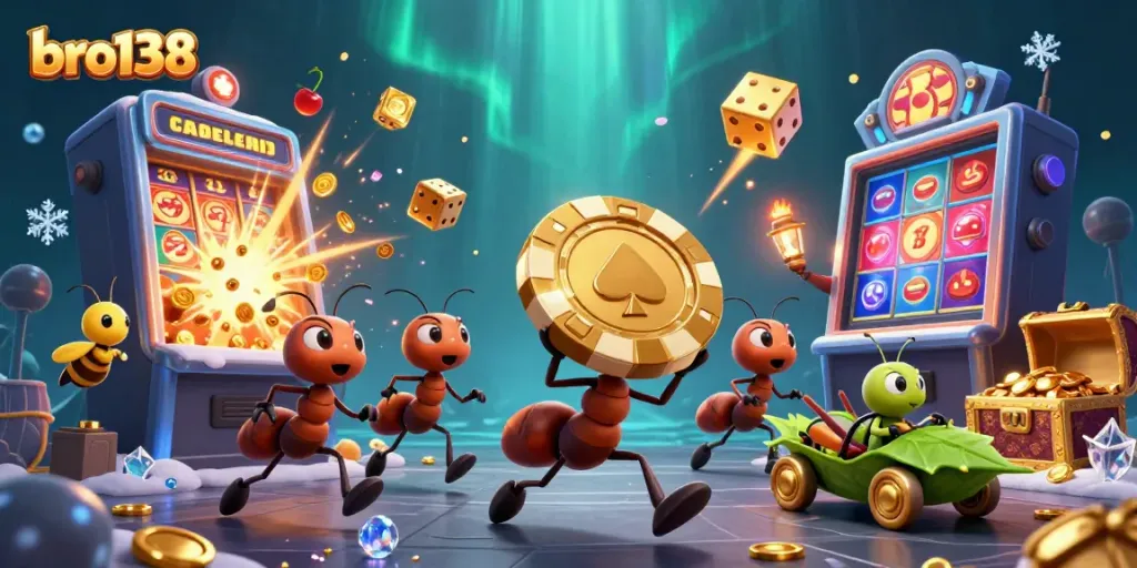 Engage with thrilling jackpots at bro138, as ants stealthily transport a giant poker chip amidst vibrant casino chaos.