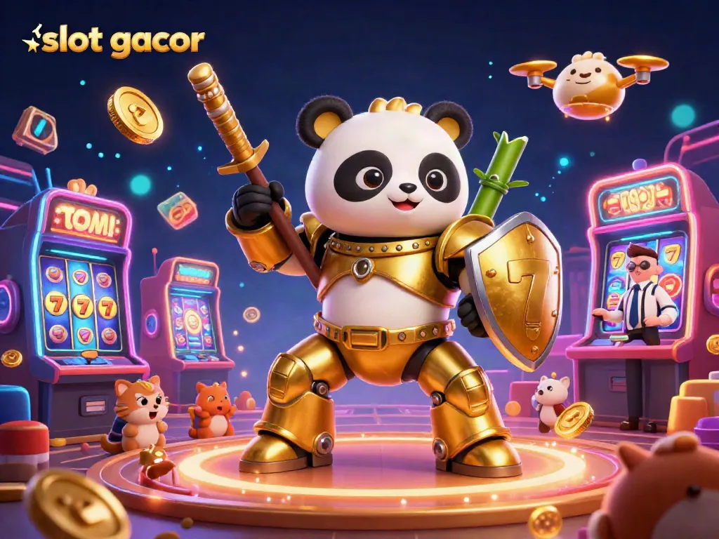 Experience the thrill of slot gacor with vibrant 3D casino elements and animated characters in a lively arena.