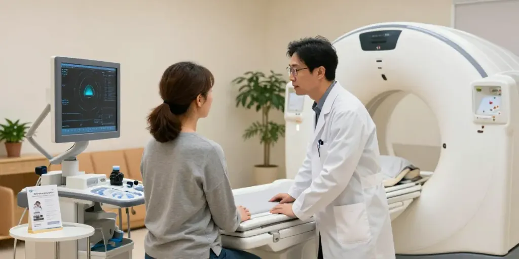 Röntgenreizbestrahlung in der Nähe: Arzt erklärt Behandlung im modernen Diagnostikzentrum.