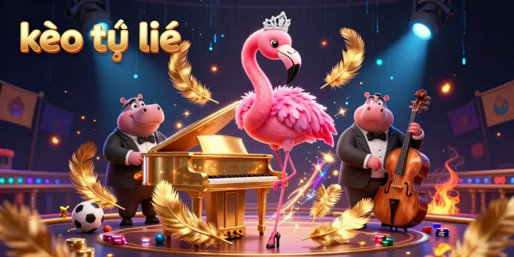 Bet on kèo trực tuyến with a lively casino scene featuring a flamingo singer and hippo bassist.