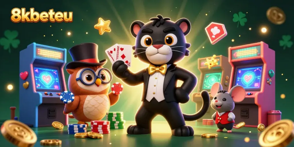 Engaging scene with the stylish 3D panther dealer and friends at 8xbeteu, showcasing casino excitement.