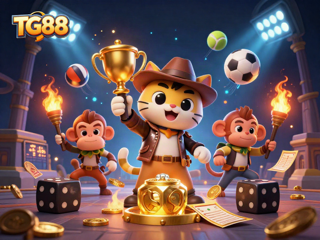 TG88 brings thrilling casino adventures with an explorer cat and monkey in a vibrant illustration of dynamic gaming elements.