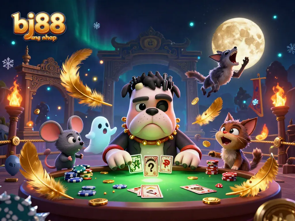 Join the thrilling action at BJ88 dang nhap with a haunted casino atmosphere, featuring a dealing bulldog and ghostly mouse.