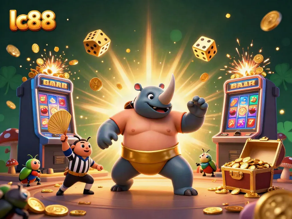Experience thrilling gameplay with lc88 at a lively casino scene featuring colorful coins, slot machines, and dynamic characters.