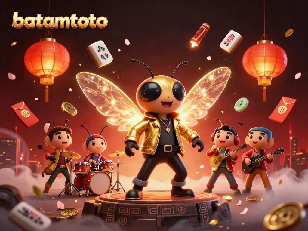 Join the batamtoto gameplay featuring a lively cartoon rock star and vibrant casino elements.