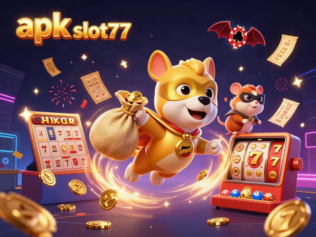 Menangkan jackpot dengan apk slot77, ilustrasi kasino dinamis dan ceria dalam gambar 3D.