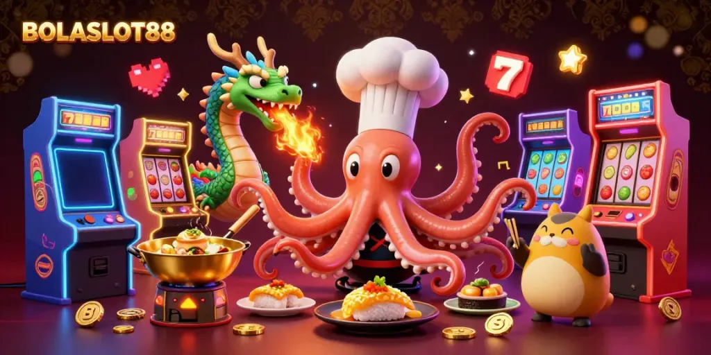 BOLASLOT88 showcases a vibrant 3D illustration of a sushi chef octopus, a dragon, and a tanuki in a dynamic casino setting.