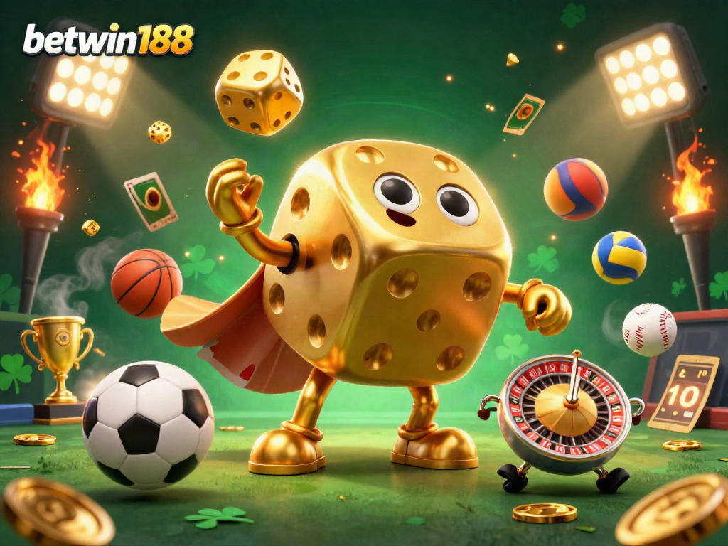 Experience the excitement of betwin188 with our vibrant casino scene featuring dynamic dice and sports elements.