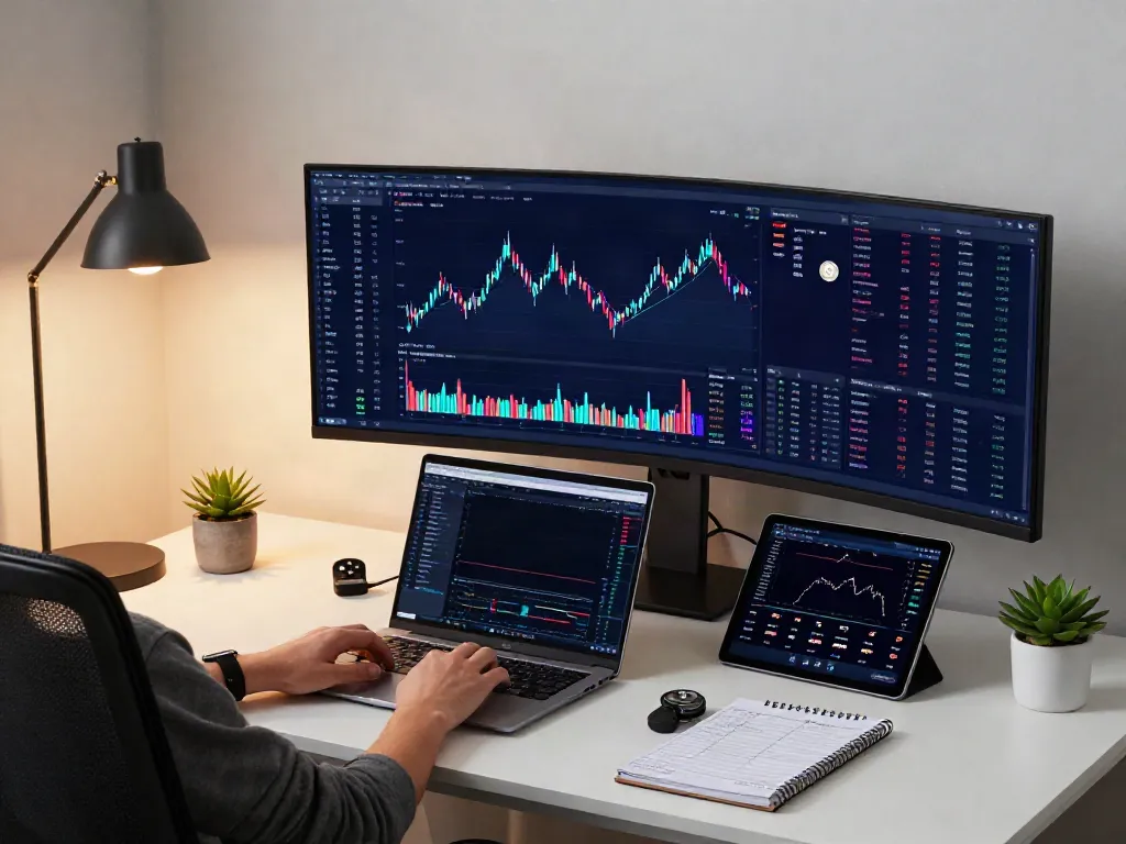 Real-time financial data API showcased on crypto trading workspace with multiple screens displaying market analysis and digital wallet interfaces.