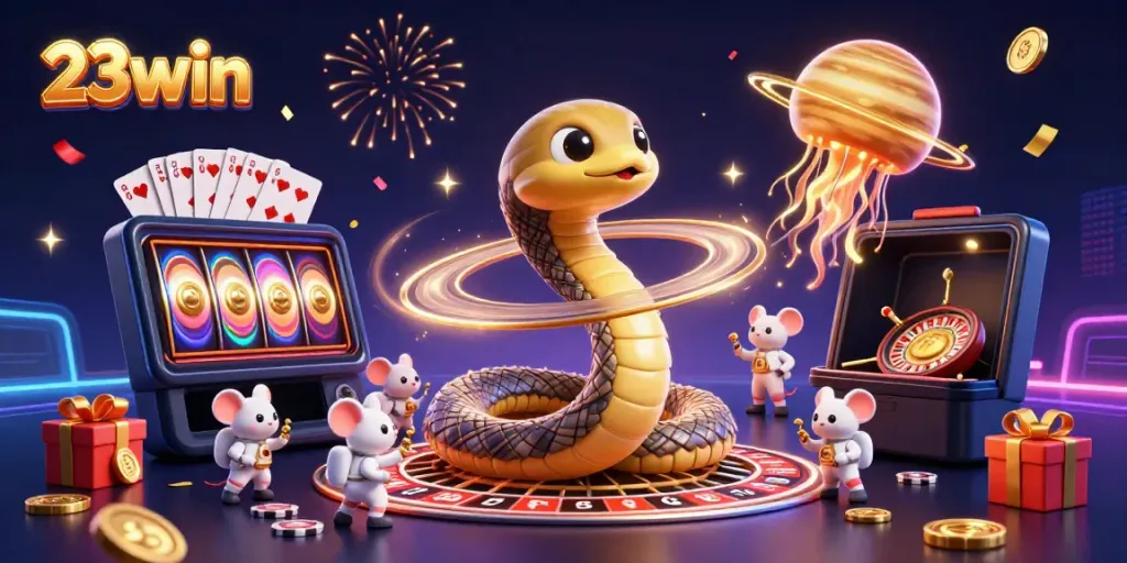 Engage in exciting games with 23win, as players explore slots and roulette in a vibrant casino scene.