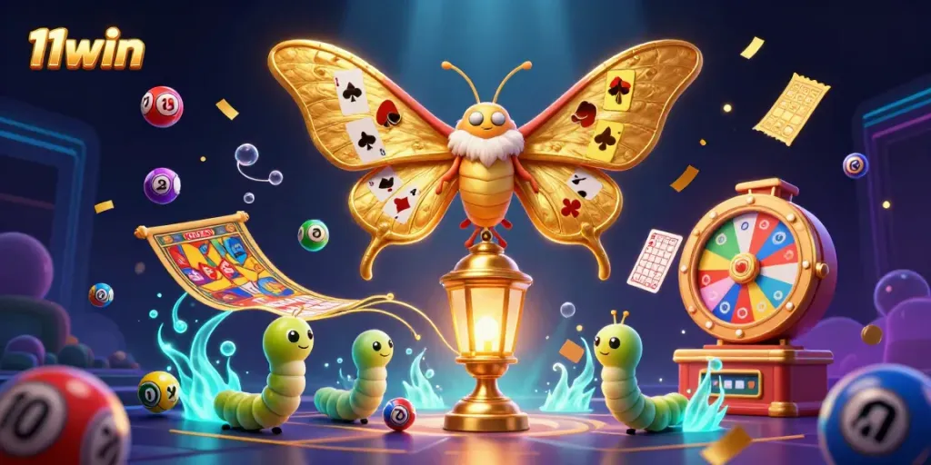 Engage with 11win's vibrant casino environment featuring golden moths and dynamic casino elements.