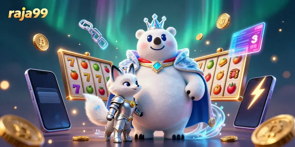 Engage in thrilling slot adventures with raja99 featuring a polar bear king and crypto elements.