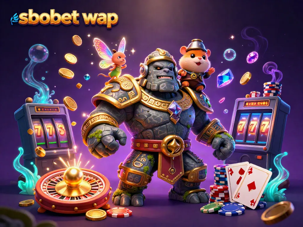 Experience sbobet wap with vibrant casino elements and magical characters in a dynamic 3D illustration.